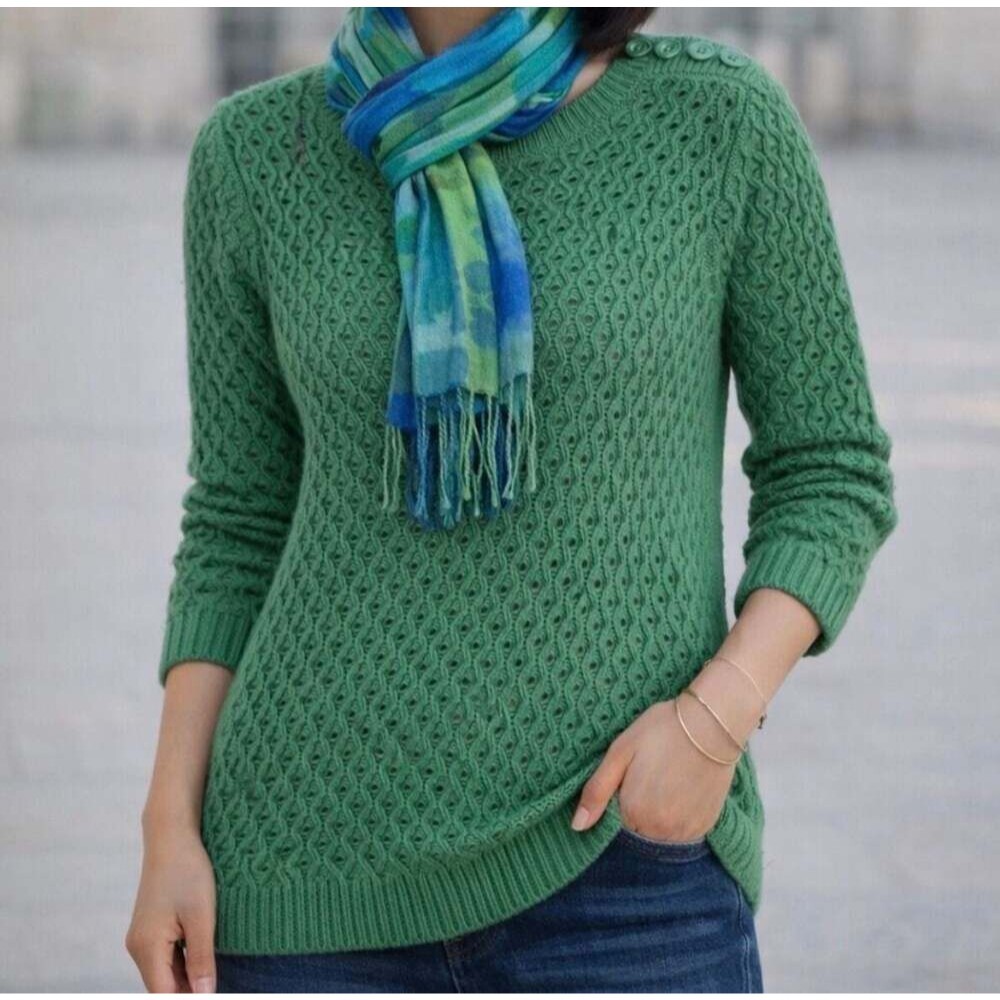 Talbots Green Open Stitch Pullover Sweater with Shoulder Buttons Classic Small
